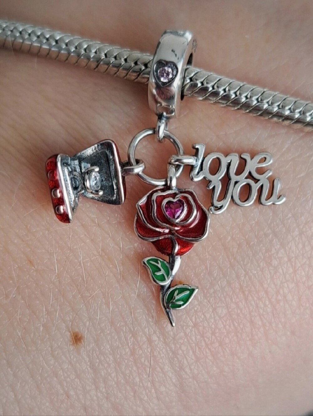 Sterling Silver Red Rose & 'Love You' Dangle Charm